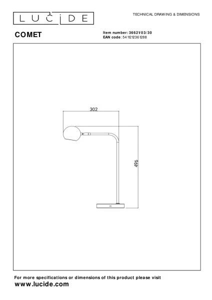 Lucide COMET - Lampe de table Rechargeable - Batterie/Piles - LED 3 StepDim - 1x3W 2700K - Noir - technique